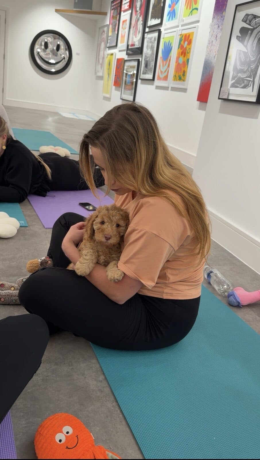A guest cuddling a cockapoo puppy at a class